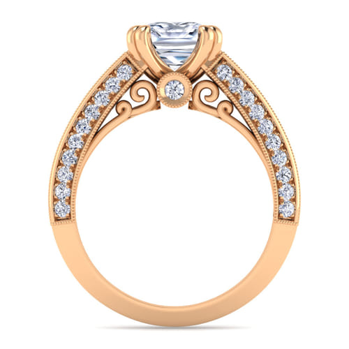 Vintage Inspired 14K Rose Gold Wide Band Cushion Cut Diamond Channel Set Engagement Ring