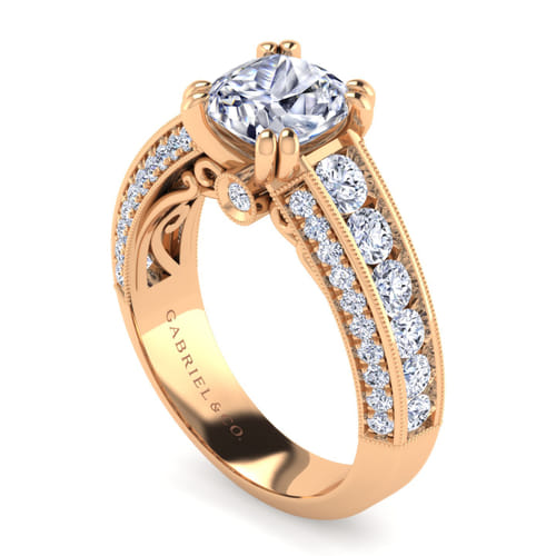 Vintage Inspired 14K Rose Gold Wide Band Cushion Cut Diamond Channel Set Engagement Ring