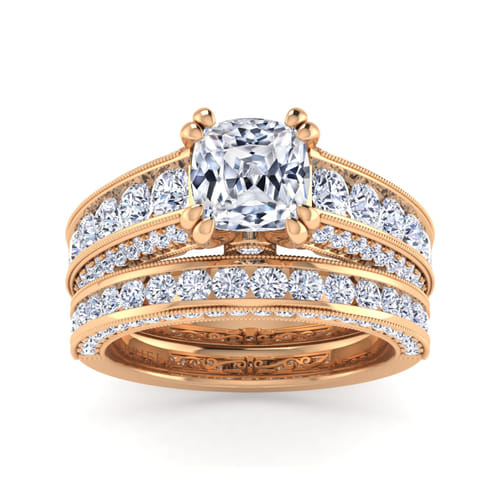 Vintage Inspired 14K Rose Gold Wide Band Cushion Cut Diamond Channel Set Engagement Ring