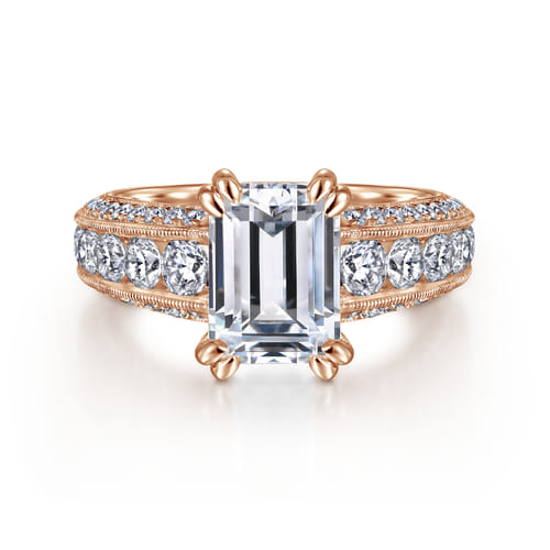 Vintage Inspired 14K Rose Gold Wide Band Emerald Cut Diamond Channel Set Engagement Ring