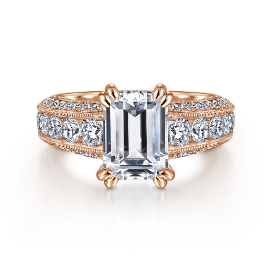 Gabriel - Vintage Inspired 14K Rose Gold Wide Band Emerald Cut Diamond Channel Set Engagement Ring