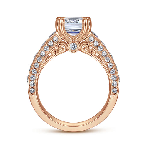 Vintage Inspired 14K Rose Gold Wide Band Emerald Cut Diamond Channel Set Engagement Ring