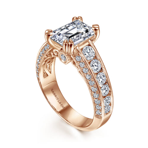 Vintage Inspired 14K Rose Gold Wide Band Emerald Cut Diamond Channel Set Engagement Ring