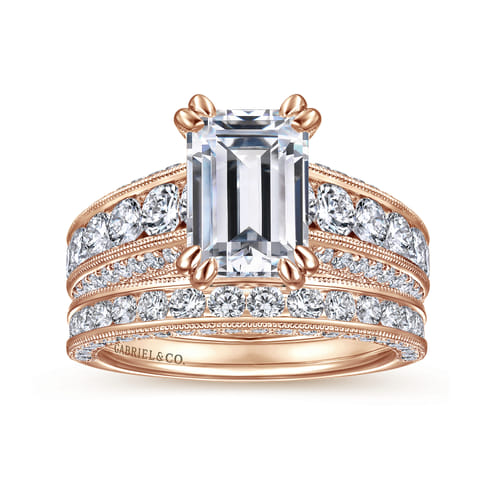 Vintage Inspired 14K Rose Gold Wide Band Emerald Cut Diamond Channel Set Engagement Ring