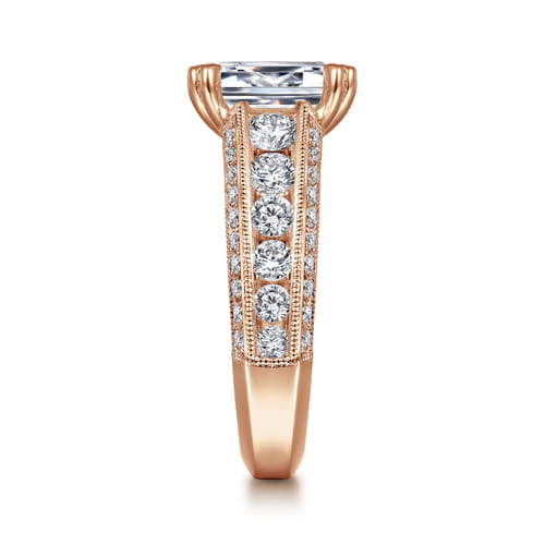 Vintage Inspired 14K Rose Gold Wide Band Emerald Cut Diamond Channel Set Engagement Ring