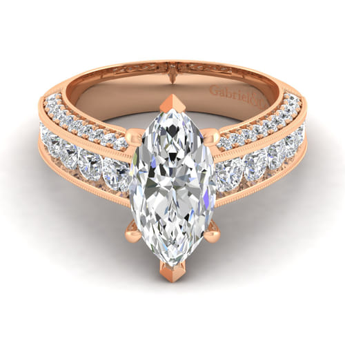 Vintage Inspired 14K Rose Gold Wide Band Marquise Shape Diamond Channel Set Engagement Ring