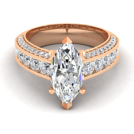 Gabriel - Vintage Inspired 14K Rose Gold Wide Band Marquise Shape Diamond Channel Set Engagement Ring
