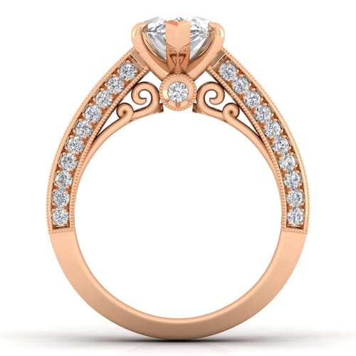 Vintage Inspired 14K Rose Gold Wide Band Marquise Shape Diamond Channel Set Engagement Ring