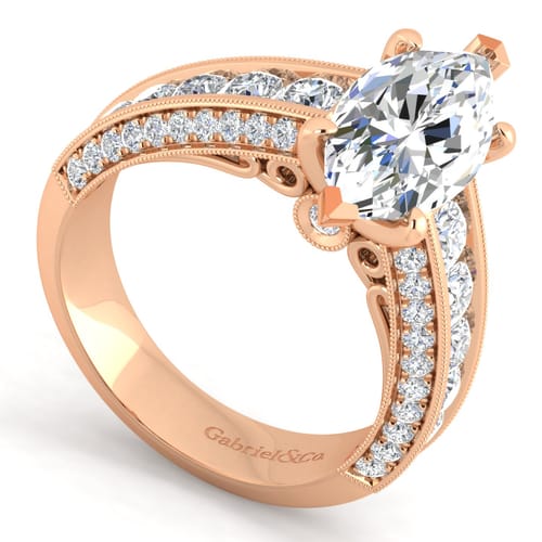 Vintage Inspired 14K Rose Gold Wide Band Marquise Shape Diamond Channel Set Engagement Ring