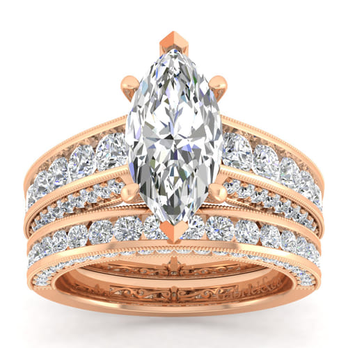 Vintage Inspired 14K Rose Gold Wide Band Marquise Shape Diamond Channel Set Engagement Ring