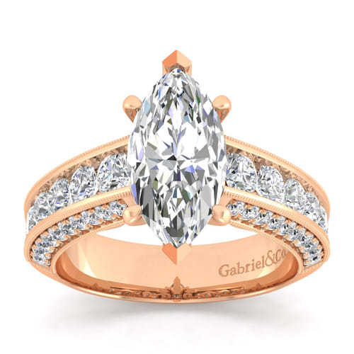 Vintage Inspired 14K Rose Gold Wide Band Marquise Shape Diamond Channel Set Engagement Ring