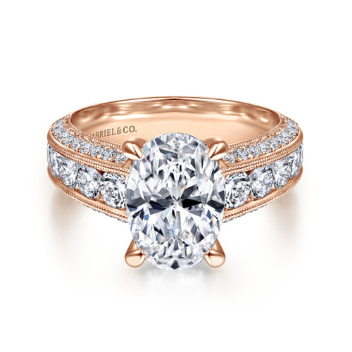 Vintage Inspired 14K Rose Gold Wide Band Oval Diamond Channel Set Engagement Ring