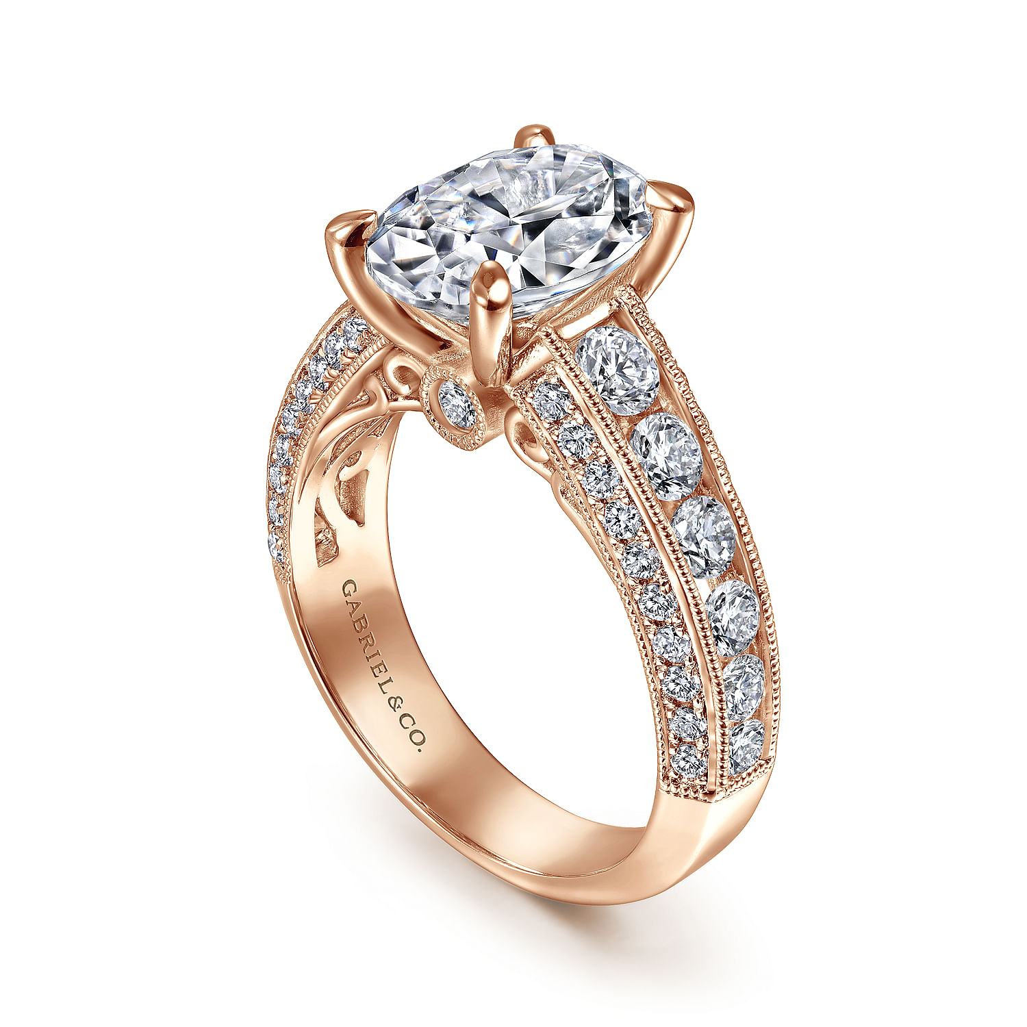 Vintage Inspired 14K Rose Gold Wide Band Oval Diamond Channel Set Engagement Ring