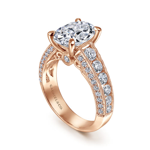 Vintage Inspired 14K Rose Gold Wide Band Oval Diamond Channel Set Engagement Ring