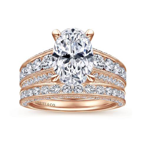 Vintage Inspired 14K Rose Gold Wide Band Oval Diamond Channel Set Engagement Ring