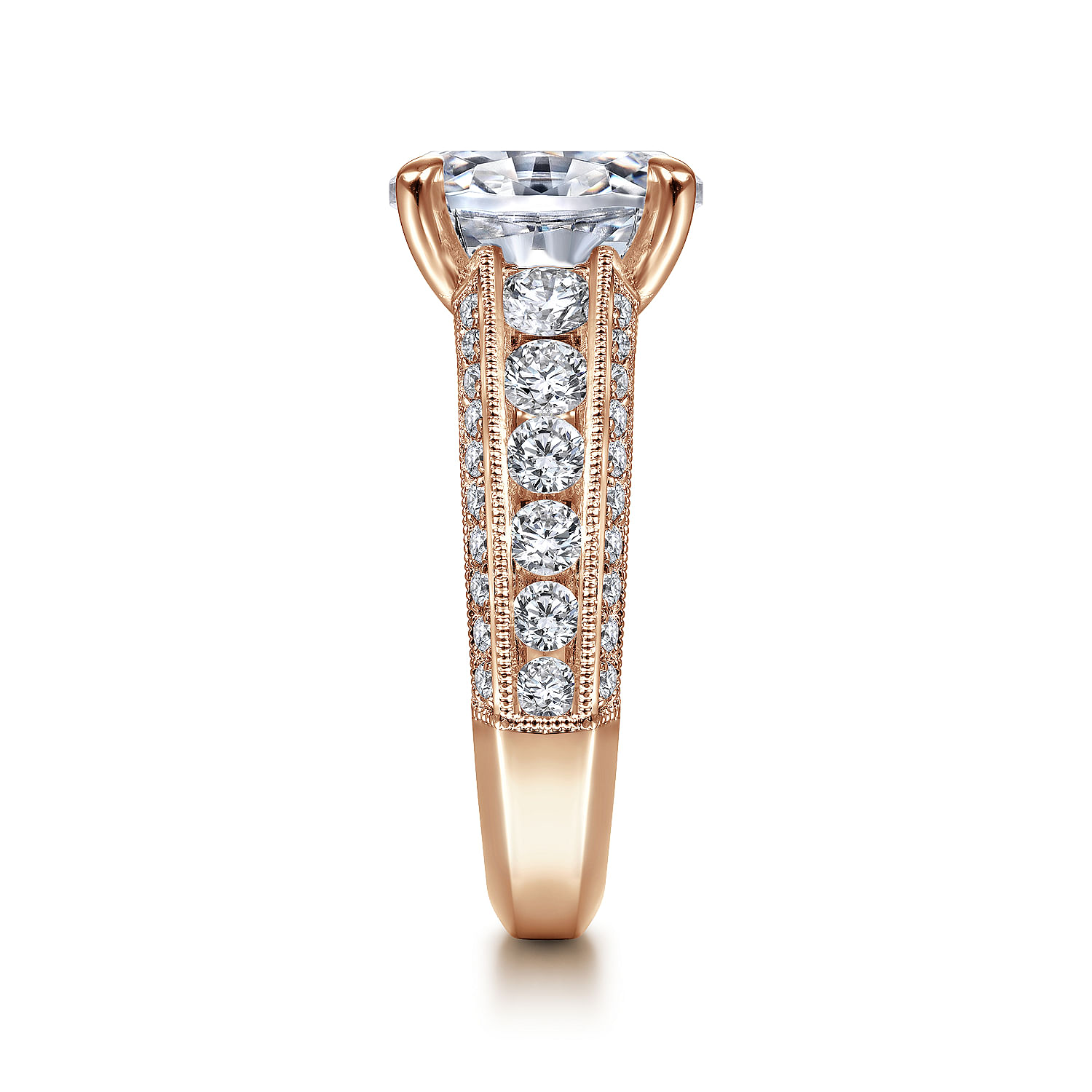 Vintage Inspired 14K Rose Gold Wide Band Oval Diamond Channel Set Engagement Ring