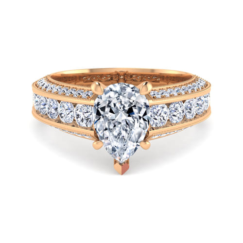 Vintage Inspired 14K Rose Gold Wide Band Pear Shape Diamond Channel Set Engagement Ring