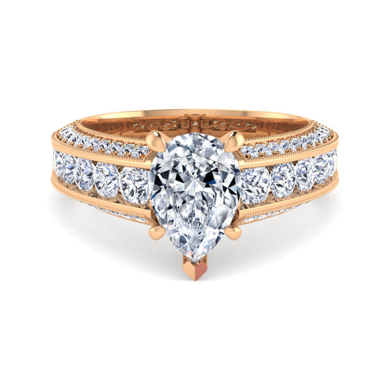 Gabriel - Vintage Inspired 14K Rose Gold Wide Band Pear Shape Diamond Channel Set Engagement Ring