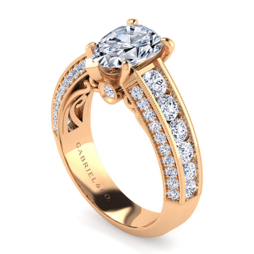 Vintage Inspired 14K Rose Gold Wide Band Pear Shape Diamond Channel Set Engagement Ring