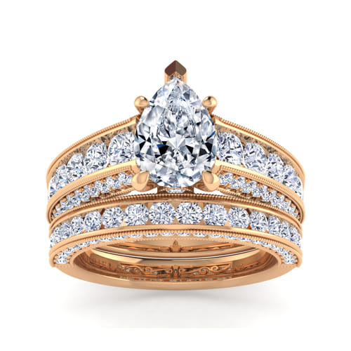 Vintage Inspired 14K Rose Gold Wide Band Pear Shape Diamond Channel Set Engagement Ring