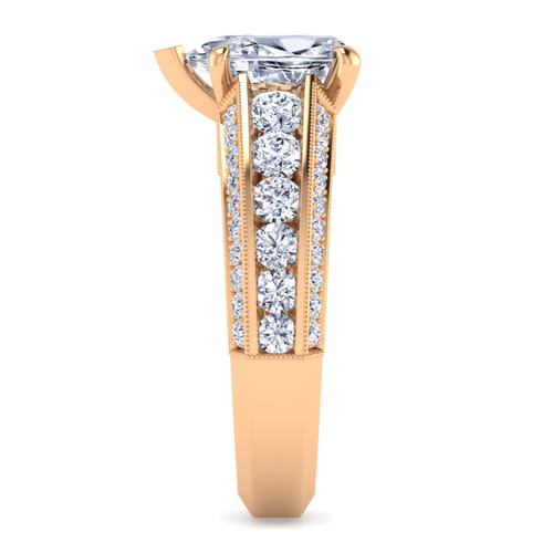 Vintage Inspired 14K Rose Gold Wide Band Pear Shape Diamond Channel Set Engagement Ring
