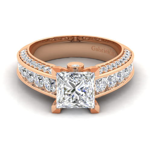 Vintage Inspired 14K Rose Gold Wide Band Princess Cut Diamond Channel Set Engagement Ring
