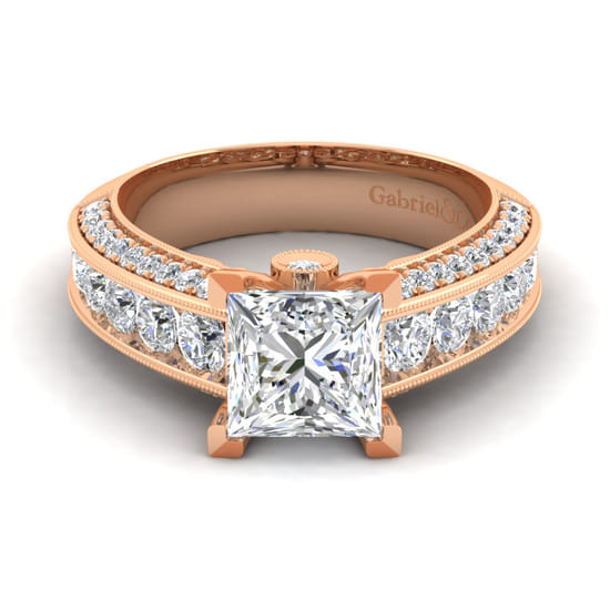 Gabriel - Vintage Inspired 14K Rose Gold Wide Band Princess Cut Diamond Channel Set Engagement Ring