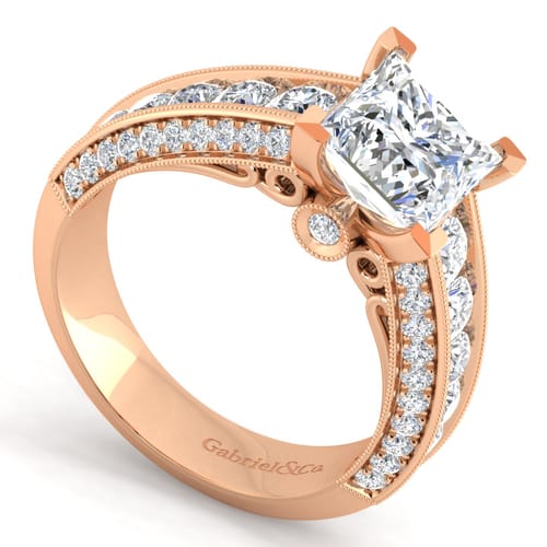 Vintage Inspired 14K Rose Gold Wide Band Princess Cut Diamond Channel Set Engagement Ring