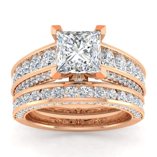 Vintage Inspired 14K Rose Gold Wide Band Princess Cut Diamond Channel Set Engagement Ring