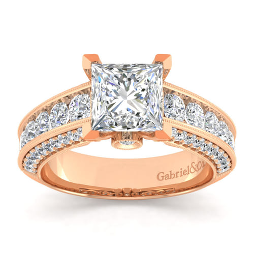 Vintage Inspired 14K Rose Gold Wide Band Princess Cut Diamond Channel Set Engagement Ring