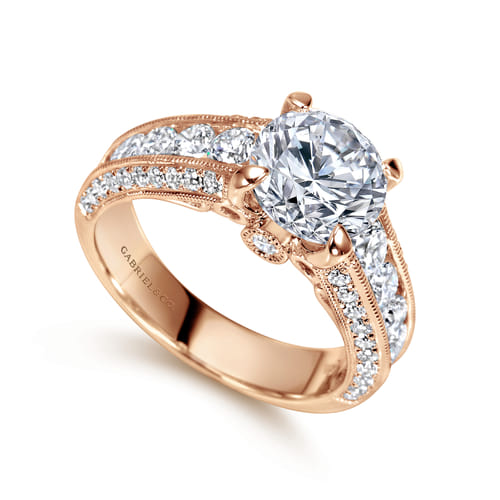 Vintage Inspired 14K Rose Gold Wide Band Round Diamond Engagement Ring