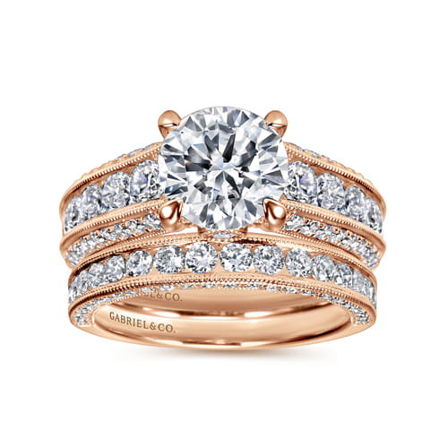 Vintage Inspired 14K Rose Gold Wide Band Round Diamond Engagement Ring