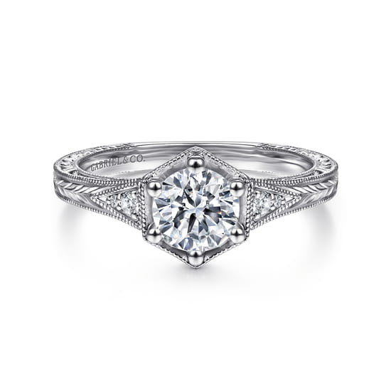Gabriel - Vintage Inspired 14K White Gold 6 Prong Round Diamond Engagement Ring Gabriel - Vintage Inspired 14K White Gold 6 Prong Round Diamond Engagement Ring