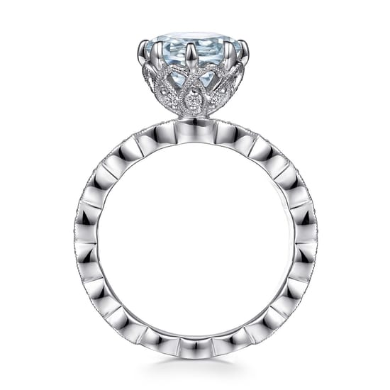 Vintage Inspired 14K White Gold Aquamarine and Diamond Engagement Ring angle 2