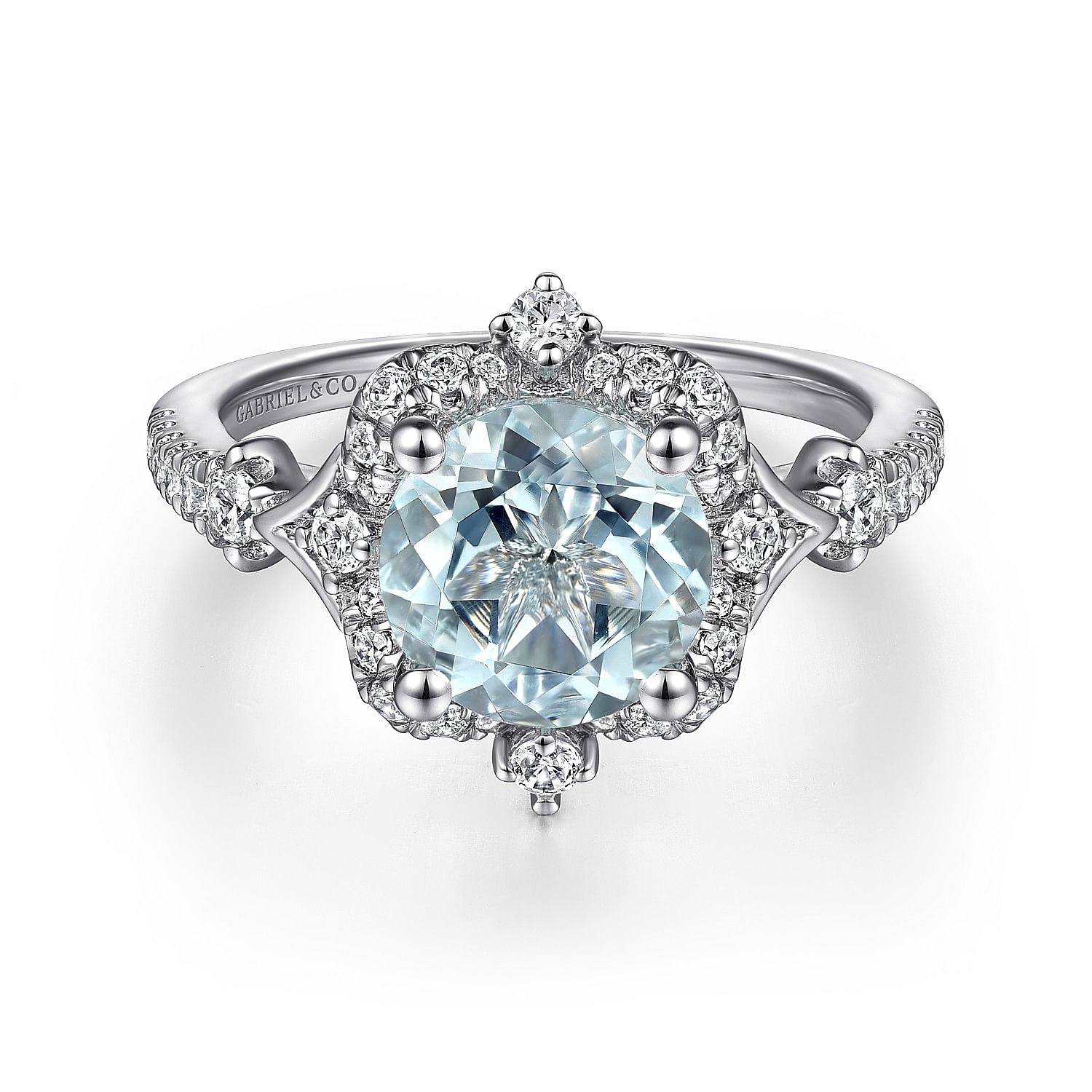 Vintage Inspired 14K White Gold Aquamarine and Diamond Halo Engagement Ring