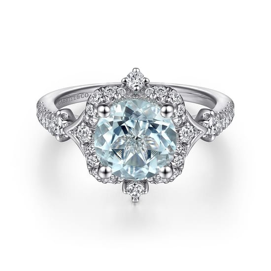 Vintage Inspired 14K White Gold Aquamarine and Diamond Halo Engagement Ring