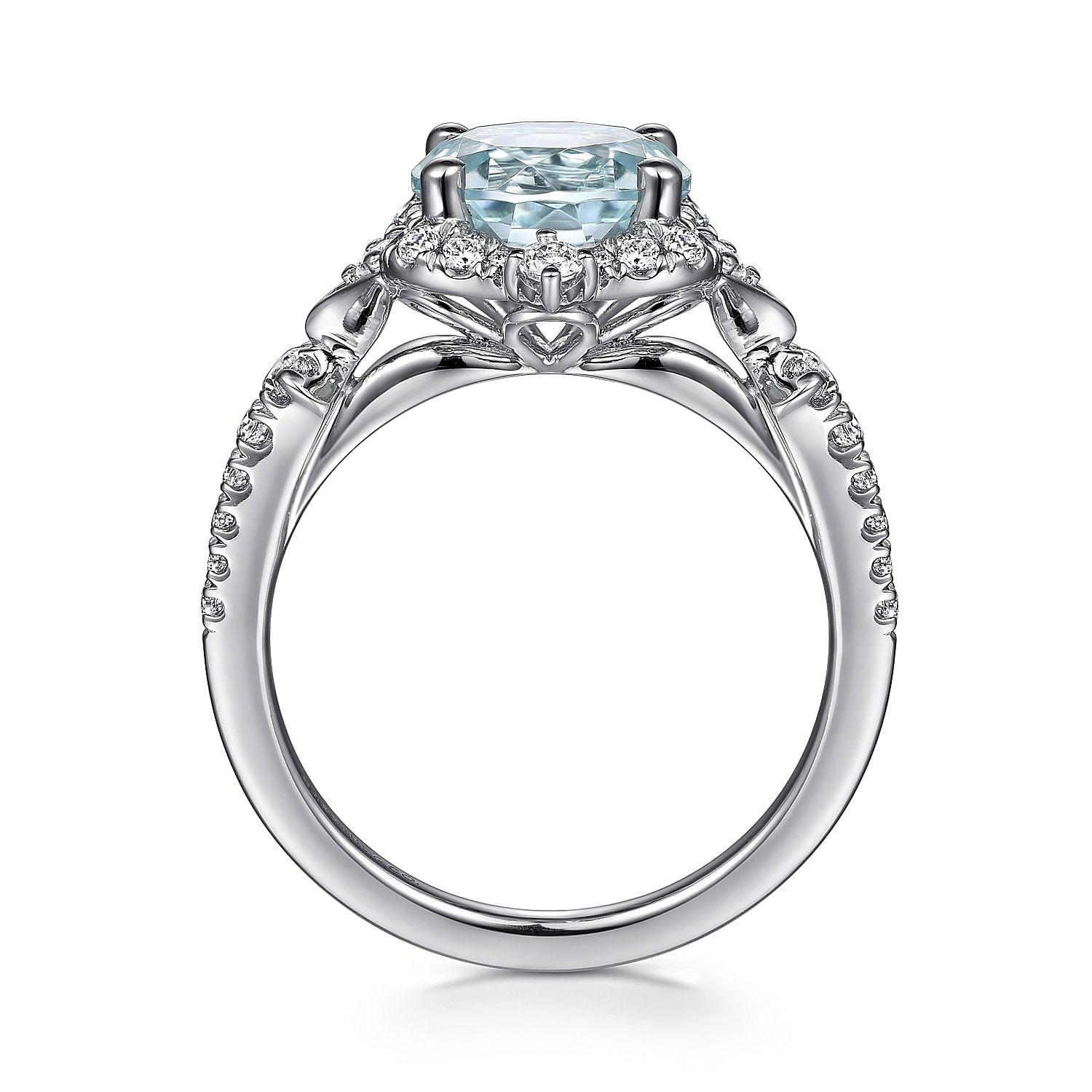 Vintage Inspired 14K White Gold Aquamarine and Diamond Halo Engagement Ring