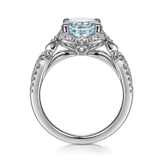 Vintage Inspired 14K White Gold Aquamarine and Diamond Halo Engagement Ring angle 2