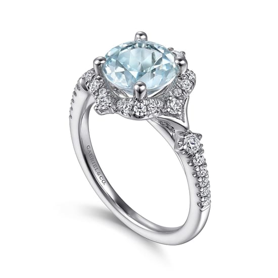 Vintage Inspired 14K White Gold Aquamarine and Diamond Halo Engagement Ring angle 3
