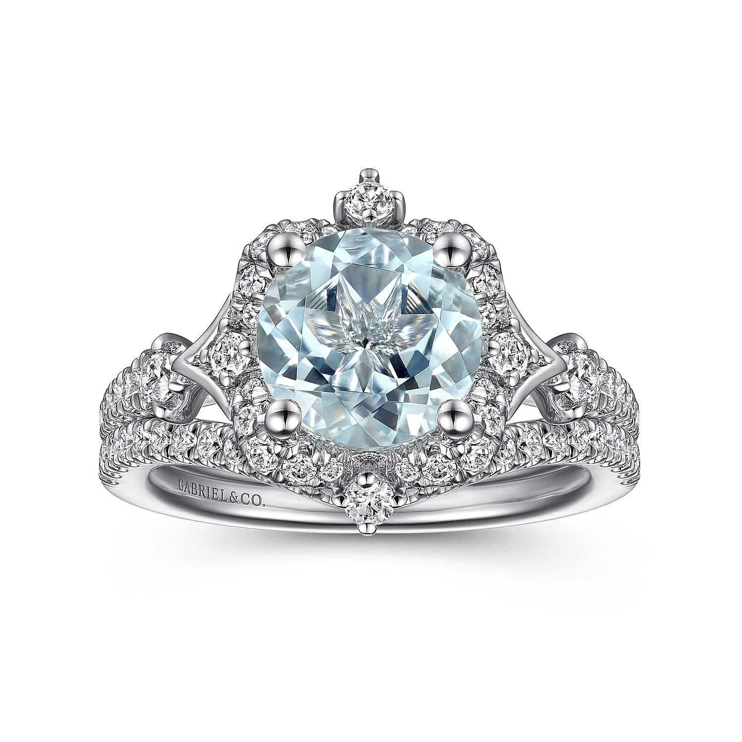 Vintage Inspired 14K White Gold Aquamarine and Diamond Halo Engagement Ring