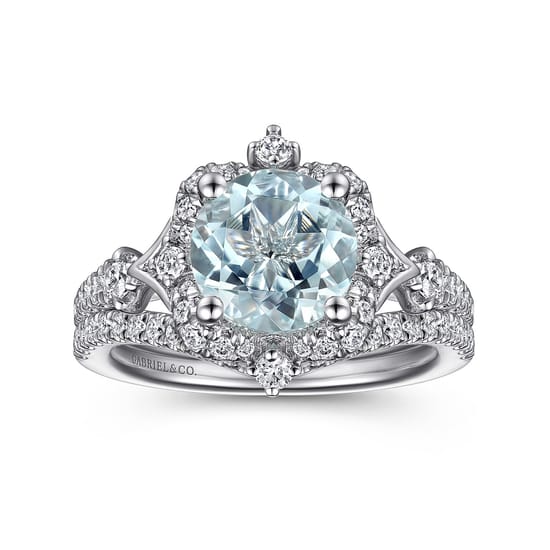 Vintage Inspired 14K White Gold Aquamarine and Diamond Halo Engagement Ring angle 4