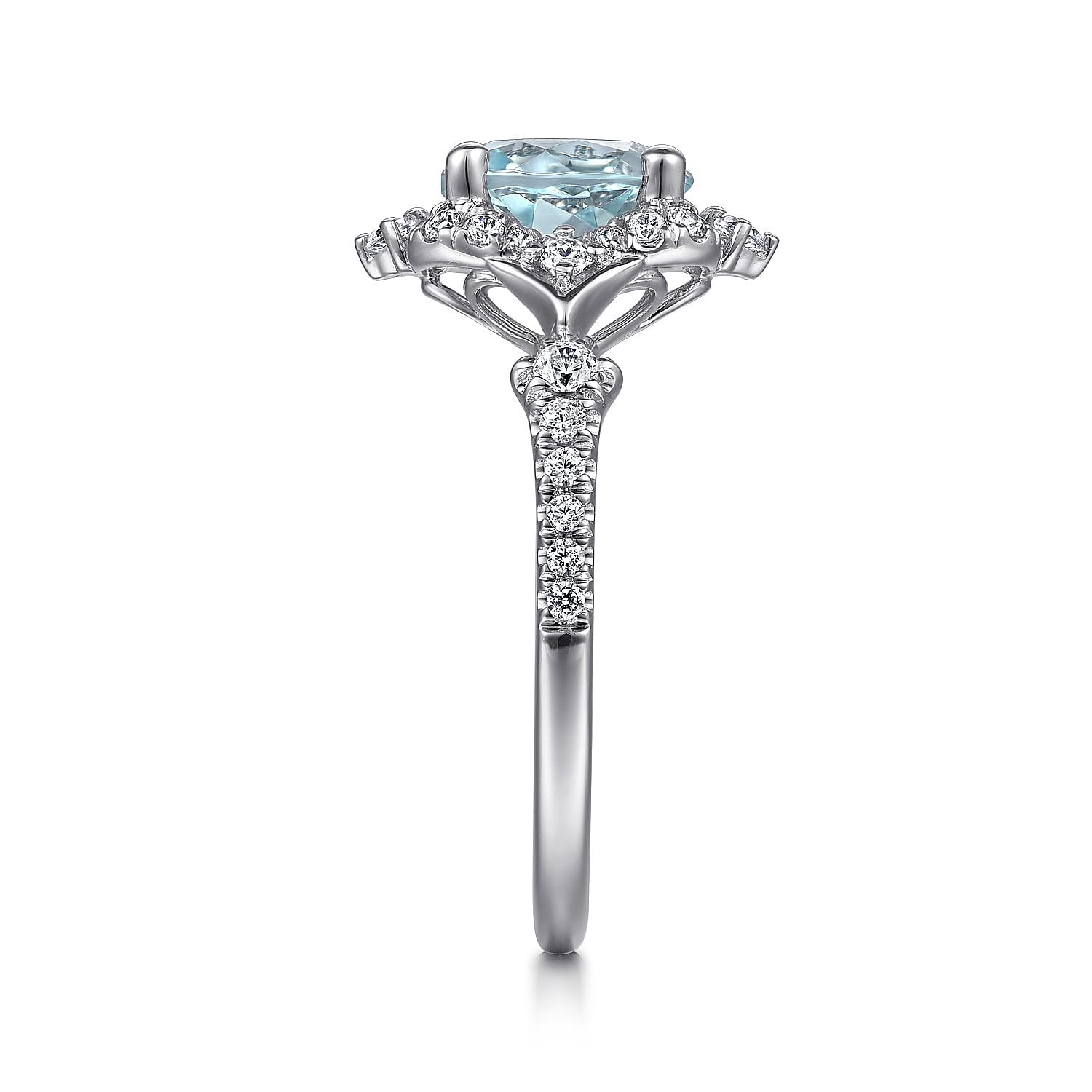 Vintage Inspired 14K White Gold Aquamarine and Diamond Halo Engagement Ring