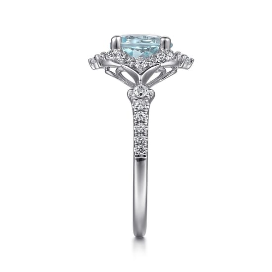 Vintage Inspired 14K White Gold Aquamarine and Diamond Halo Engagement Ring angle 5