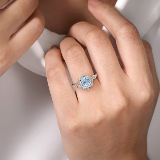 Vintage Inspired 14K White Gold Aquamarine and Diamond Halo Engagement Ring angle 6