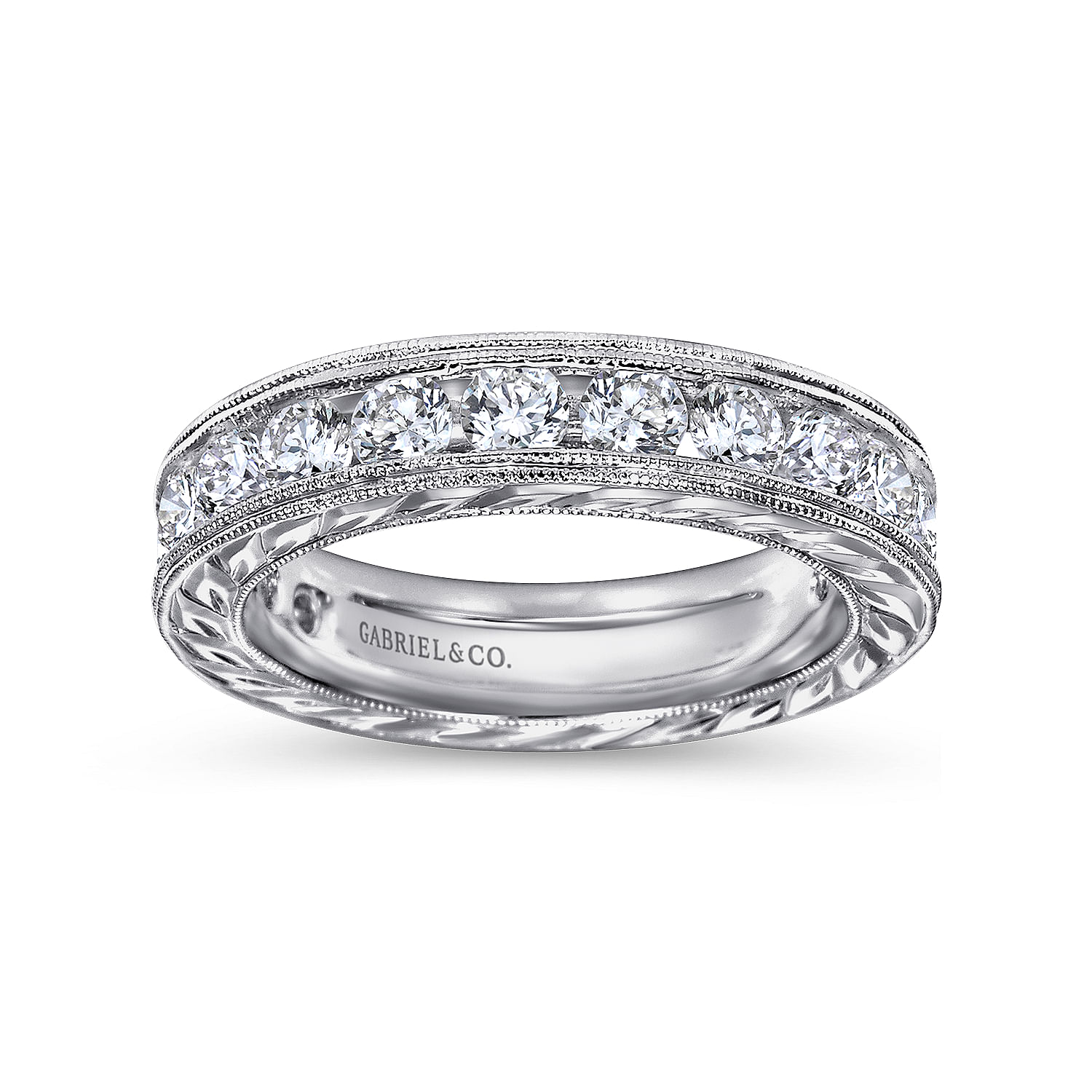 Vintage Inspired 14K White Gold Channel Set Diamond Eternity Band with Engraving