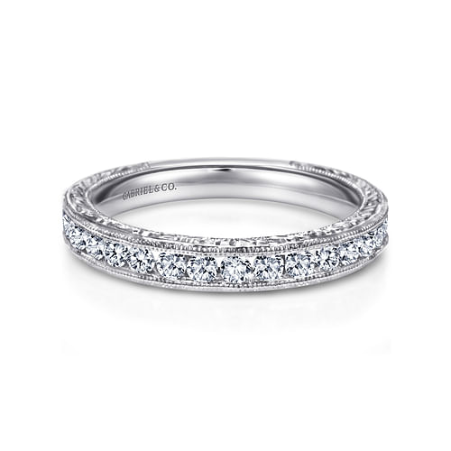 Vintage Inspired 14K White Gold Channel Set Diamond Wedding Band