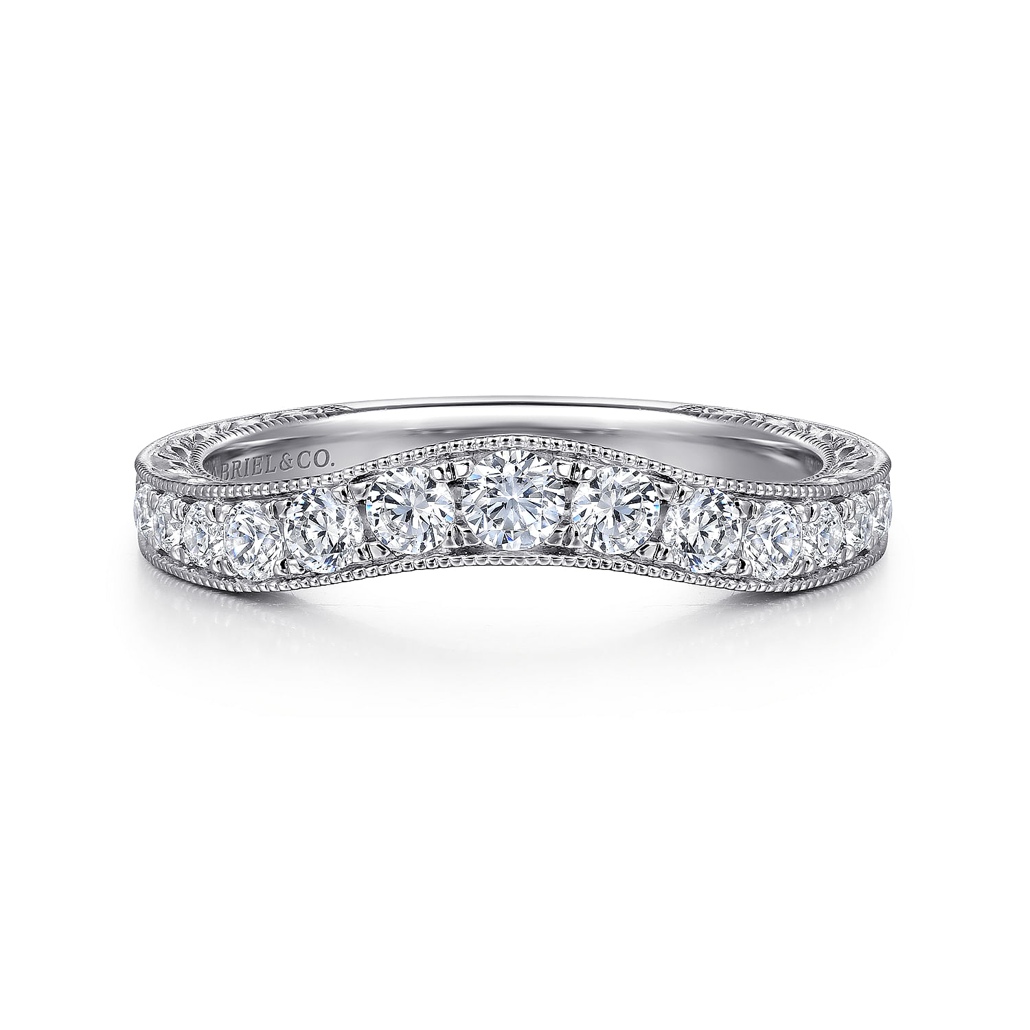 Gabriel - Vintage Inspired 14K White Gold Curved Channel Set Diamond Wedding Band with Engraving
