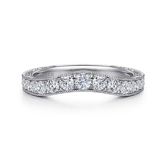 Gabriel - Vintage Inspired 14K White Gold Curved Channel Set Diamond Wedding Band with Engraving