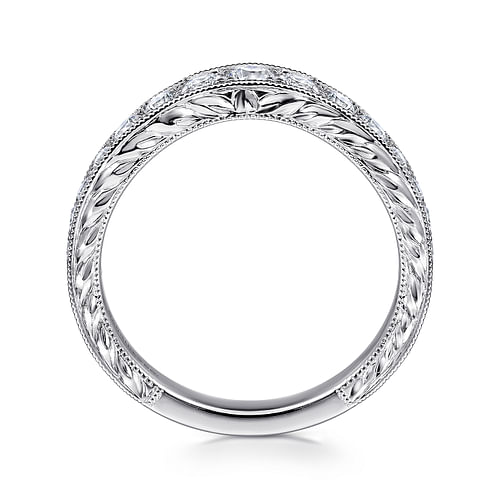 Vintage Inspired 14K White Gold Curved Channel Set Diamond Wedding Band with Engraving