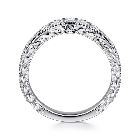 Vintage Inspired 14K White Gold Curved Channel Set Diamond Wedding Band with Engraving angle 2